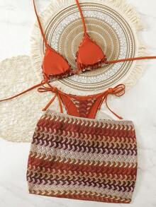 Swim  Conjunto de bikini sexy de 3 piezas con vestido mini de tirantes de espagueti y cuello de halter de tela jacquard para mujer - Multicolor - Ver 4