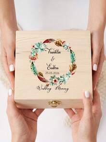 1pc Custom Wedding Memory Box, Personalized Couple Name & Date Wooden Keepsake Box With Floral Wreath Design, Ideal For Storing Wedding Cards - Multicolor - View 5