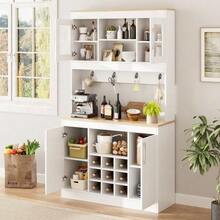Kitchen Buffet/Sideboard With Hutch, 175 Cm, Kitchen Cabinet With Glass Doors, Wine Rack And Hook Rail, Large China Cabinet/Pantry/Kitchen Cabinet For Kitchen, Dining Room, Living Room - White - View 6
