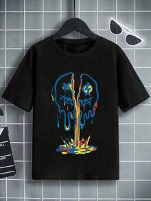 Solo hay una camiseta de manga corta a la .Camiseta de manga corta con cuello redondo y estampado gráfico informal para niños y adolescentes, ropa de verano para niño - Negro - Ver 1