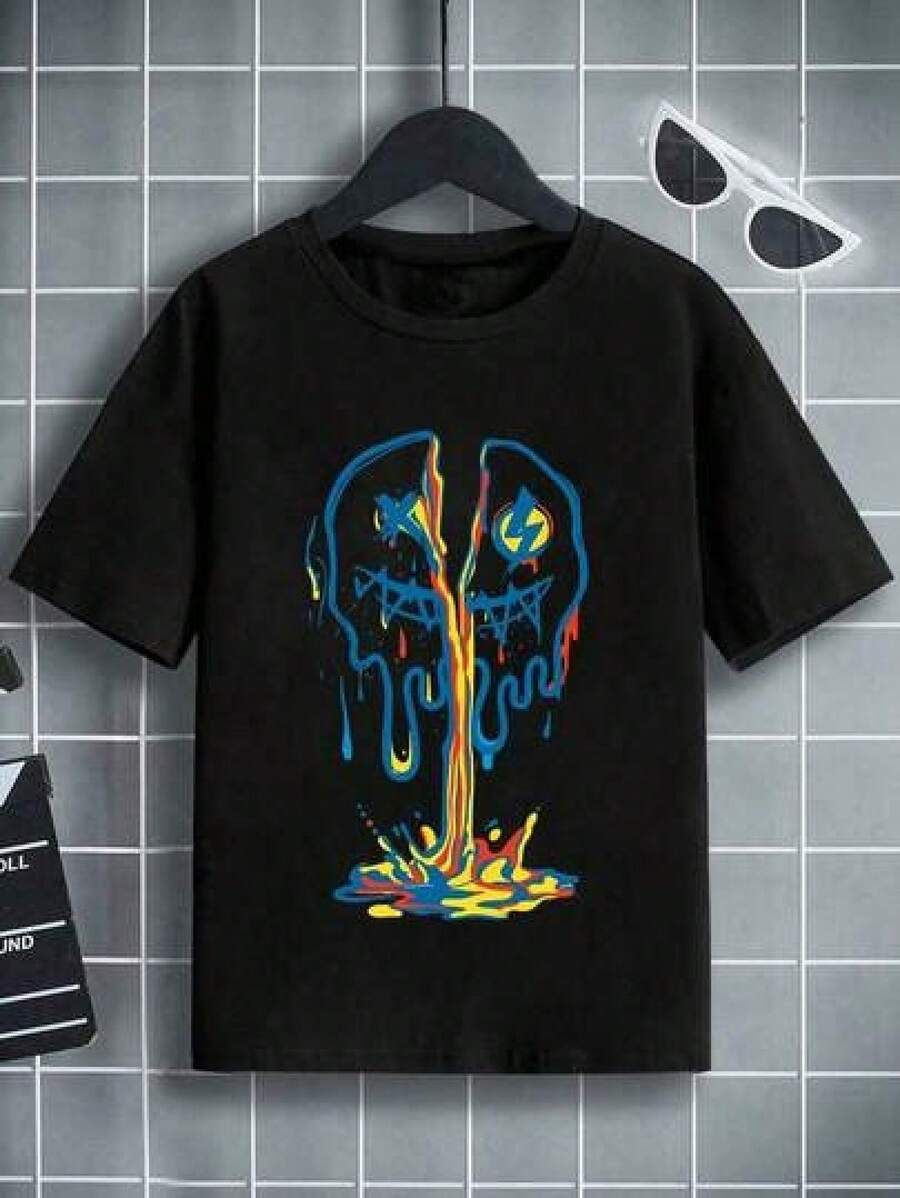 Solo hay una camiseta de manga corta a la .Camiseta de manga corta con cuello redondo y estampado gráfico informal para niños y adolescentes, ropa de verano para niño - Negro - Ver 1