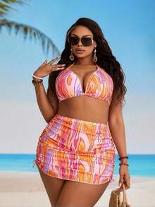 2026 New Pink Orange Gradient Halter Bikini Set With Drawstring Skirt Cover Up, 3 Piece Vacation Swimwear - Nhiều màu - Xem 1