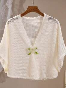 1pc Women's Spring/Summer New Solid Color Mesh Knit Cardigan - Beige - View 1