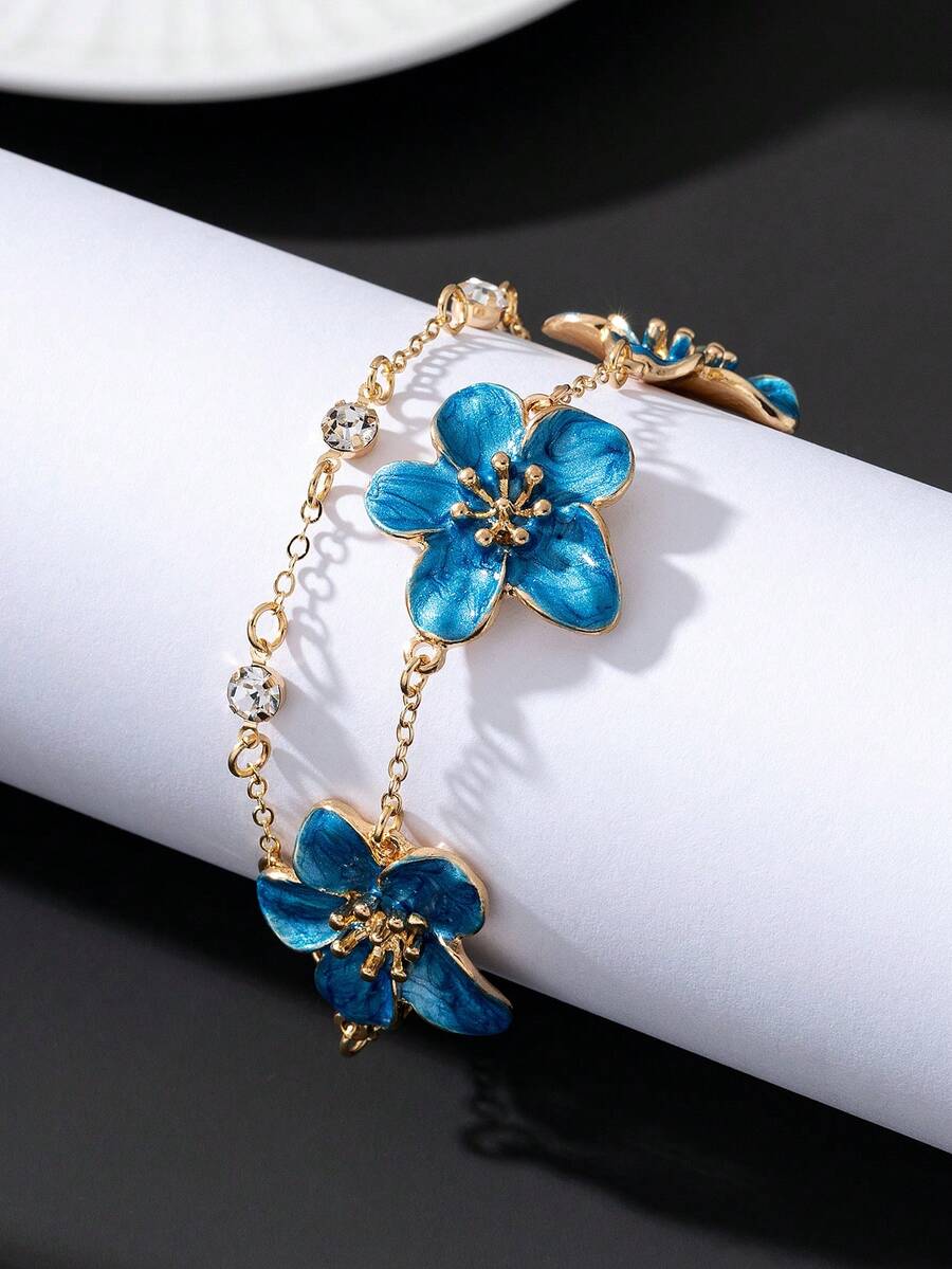 1 chiếc vòng tay trứng hoa hai lớp hình hoa xanh mộng mơ tráng men thủ công phong cách nghỉ hè, quà cưới cho nữ - Màu xanh lam - Xem 1