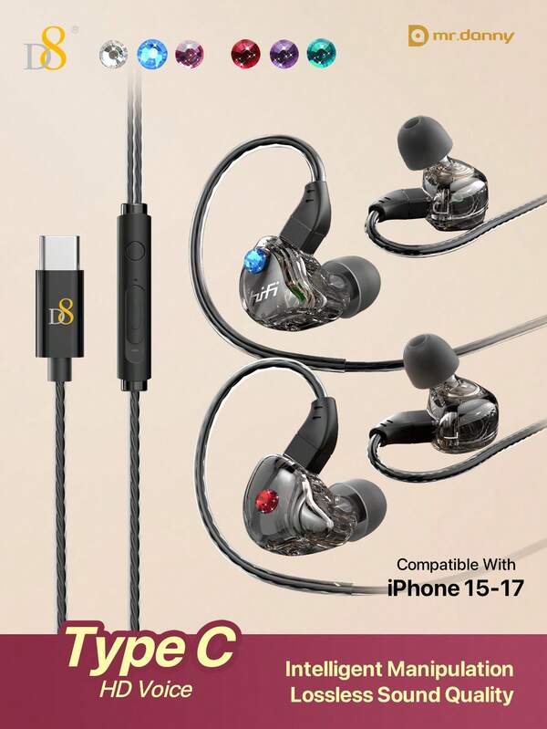 D8 Diamond Wired In-Ear Earphones Transparent Bling Sparkle Headphones HiFi Stereo Surround ANC Noise Cancelling Built-In HD Mic Clear Call Type-C Plug Play Lightweight Sweatproof Comfort Earbuds Crystal Bass Treble No Delay Music Gaming Online Class