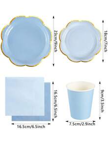 10pcs/20pcs/50pcs/80pcs Blue/Light Blue Gold Rim Paper Tableware Set, Blue 9" Dinner Plates + Light Blue 7" Dessert Plates + Blue Paper Cups + 6.5" Blue/Light Blue Paper Napkins, Scalloped Paper Plates For 1st Birthday, Baptism Party,Birthday,Wedding,Events,Festival,Picnic,Family Gathering Supplies Men Women - Blue Background With Gold Trim - View 2