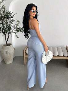 Conjunto de 2 piezas de blusa asimétrica con cuello de lazo a rayas azul y blanco y pantalones rectos informales para mujer, conjunto de vacaciones de verano en azul claro y azul bebé para mujer - Azul - Ver 2