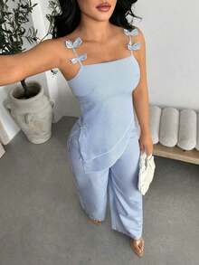 Conjunto de 2 piezas de blusa asimétrica con cuello de lazo a rayas azul y blanco y pantalones rectos informales para mujer, conjunto de vacaciones de verano en azul claro y azul bebé para mujer - Azul - Ver 6
