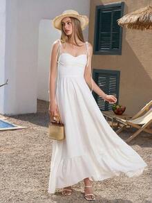 PARTHEA Vestido largo blanco elegante de verano con Body ceñido, escote espalda descubierta, fruncido y volantes - Rojo - Ver 10
