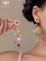 1 par de pendientes únicos y exagerados con borlas florales de colores, extremadamente hermosos, dulces y elegantes, ideales para vacaciones, viajes y fiestas