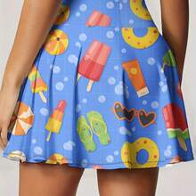 Women's Beach-Themed Short Elastic Skirt With Flip-Flop Pocket - All-Over Ice Cream & Print, Pleated Hem Pocket Skirt Suitable For Casual Wear, Beach Outfits, Everyday Outfits, Machine Washable Spring Summer Fall Skirt - 彩色 - 查看 3