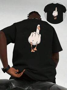Humorous Graphic T-Shirt "Geese", Double-Sided Print For Men, Casual Round Neck, 100% Cotton 220 G/M² (1 Piece) Tee - Black - View 1