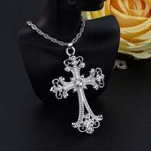 1pc Vintage European & American Cross Pendant Necklace, Inlaid With Rhinestones, Baroque Floral Pattern, Classical Religious Jewelry Cross Necklace - Pendant Necklace - View 2