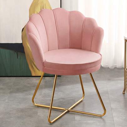 Fumahaus Modern Coral Shaped Vanity Stool With Seashell Back Velvet Accent Chair With Gold Crossed Legs Upholstered Curved Vanity Chair For Living Room Dressing Room
