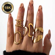 4pcs Fashionable Stainless Steel Rings With Simple Hollow Geometric Design, Versatile Casual Stacking Rings, Perfect Gift For Her, Suitable For Teenagers - Gold - View 1