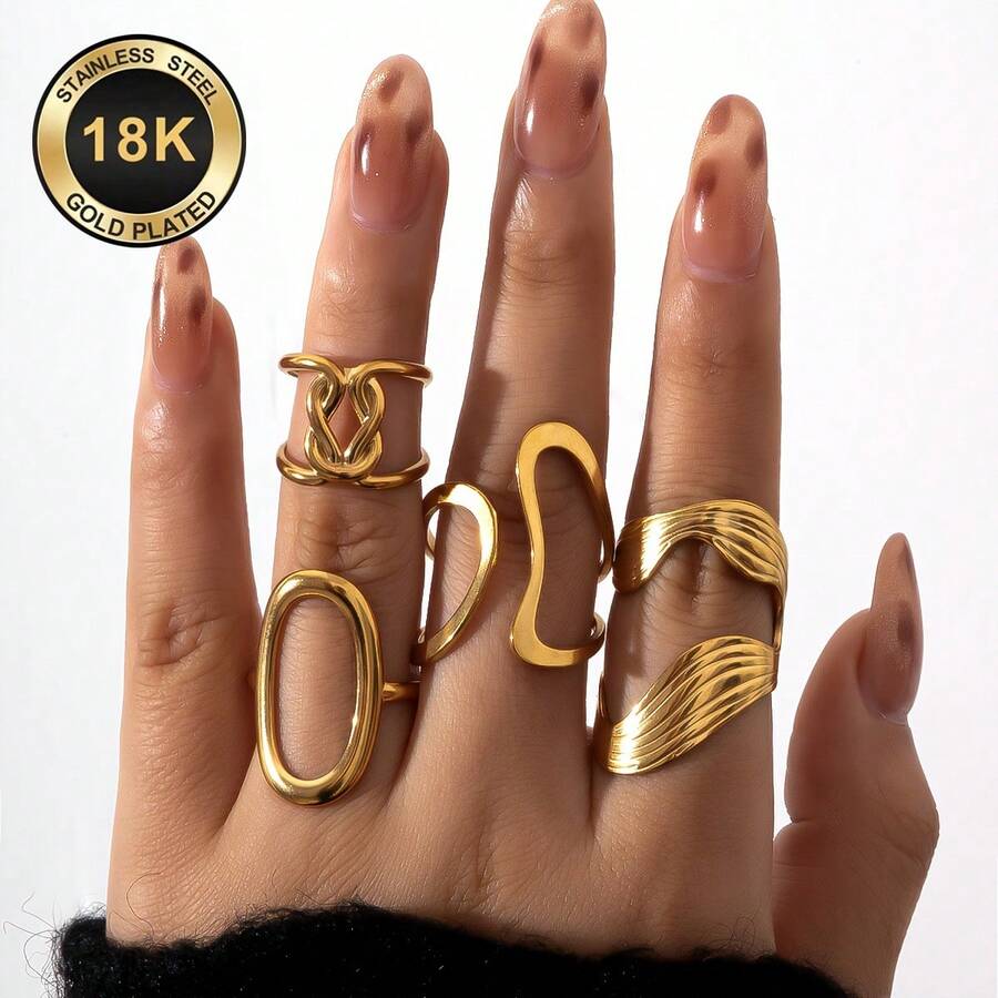 4pcs Fashionable Stainless Steel Rings With Simple Hollow Geometric Design, Versatile Casual Stacking Rings, Perfect Gift For Her, Suitable For Teenagers - Gold - View 1