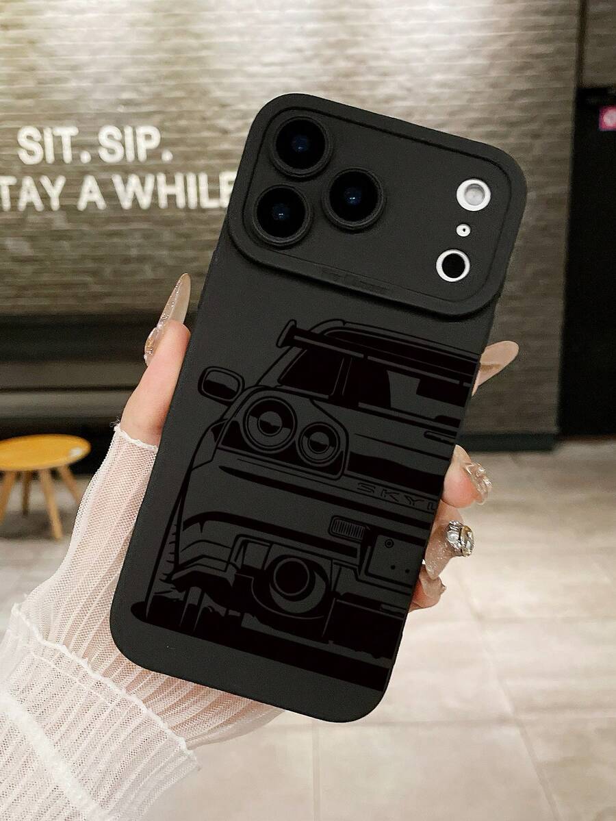 1pc JDM Skyline Sports Car Matte Black Phone Case, Covers, Super Cool Street Style Car Pattern Shockproof Phone Case, Ideal Gift For Car Enthusiasts & Daily Fashion Accessory, Compatible With & Models, For Him - Black - View 1