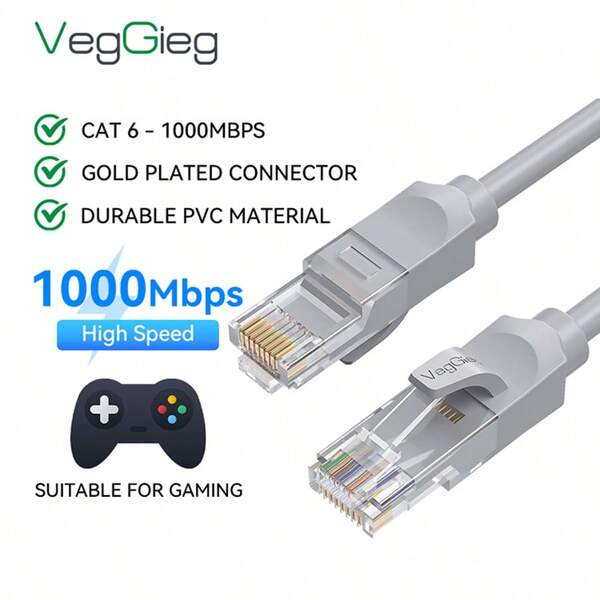 VegGieg CAT6 千兆以太网线，1000Mbps，低延迟，适用于游戏和电竞，镀金接头，十字形框架抗干扰，为电脑和路由器提供稳定的数据传输