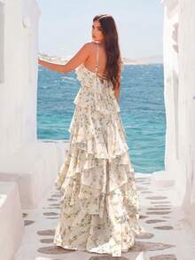 Elegante vestido maxi romántico de gasa, decoración de cuello con flores 3D - Exquisita impresión floral, dobladillo con volantes multicapa, silueta fluida hasta el suelo | Ideal para bodas románticas en jardines y elegantes noches de citas en primavera - Albaricoque - Ver 2