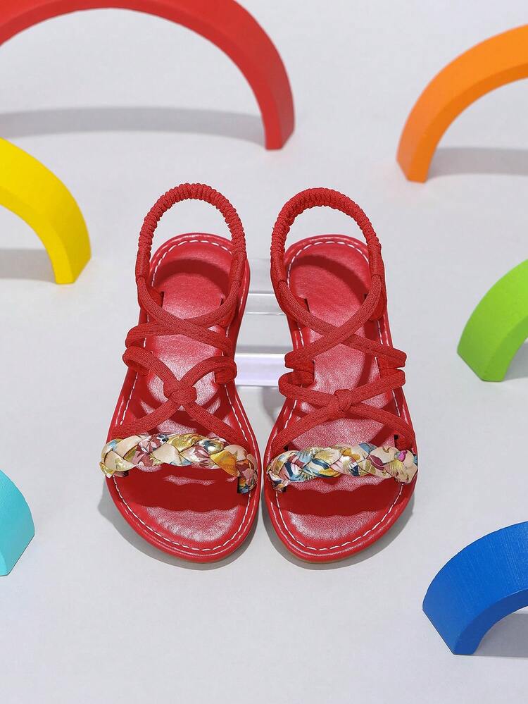 1 đôi dép sandal bệt mùa hè cho trẻ em, dây đan nhiều màu, màu đỏ trơn, quai chun đơn giản xỏ chân cho bé gái, giày đi biển thường ngày phù hợp mặc hàng ngày, vui chơi, du lịch, phối đồ - Đỏ - Xem 3