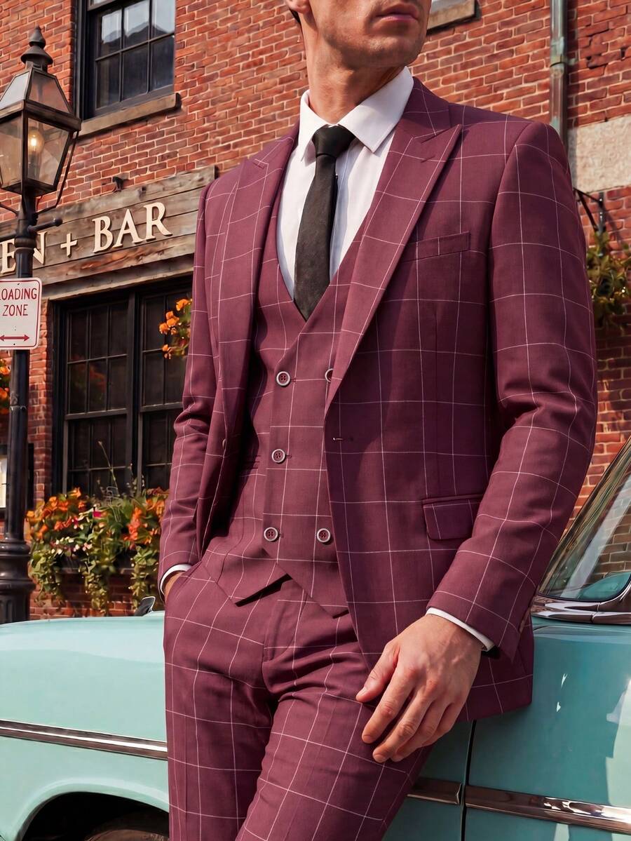 Mens 3 Pieces Suit Set Plaid Slim Fit Checked Casual Tuxedo Formal Suits For Men Wedding Business Party Blazer Vest Pant - Burgundy - View 1