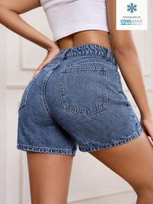 PETITE Pantalones cortos vaqueros de mujer con botones frontales, estilo sencillo y varios bolsillos, para un uso casual diario - Azul lavado medio - Ver 2