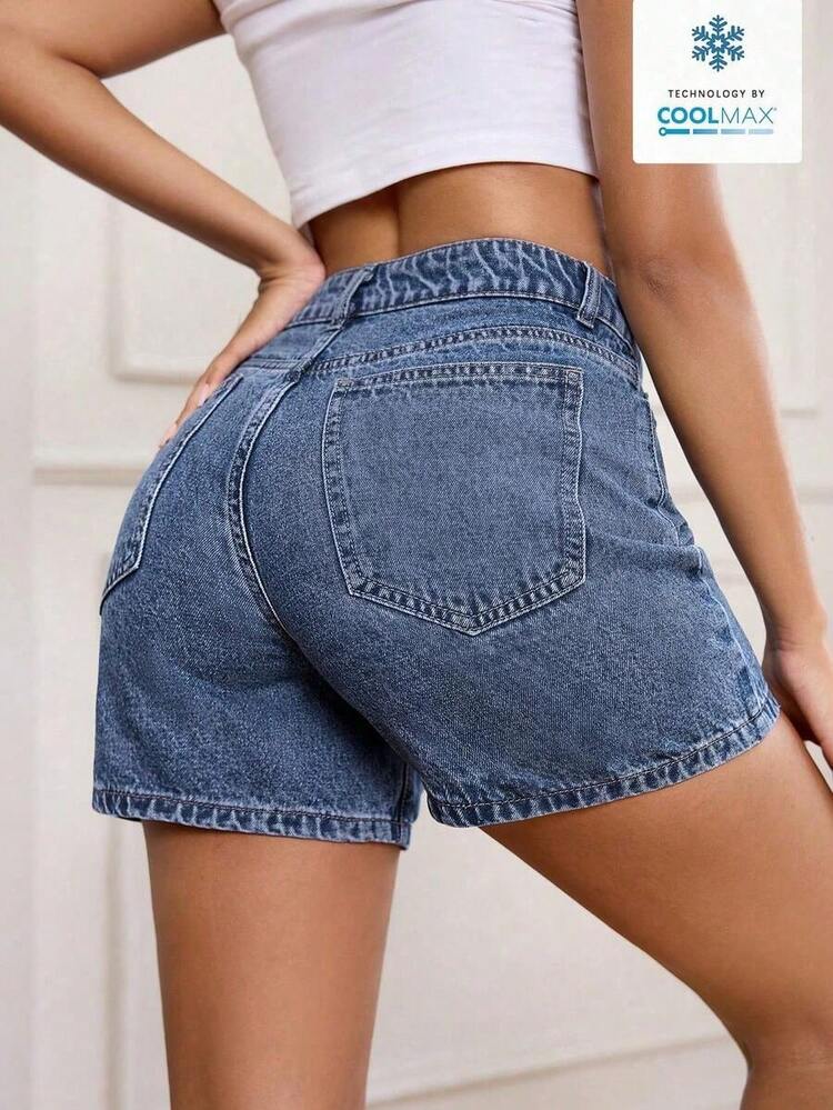PETITE Pantalones cortos vaqueros de mujer con botones frontales, estilo sencillo y varios bolsillos, para un uso casual diario - Azul lavado medio - Añade 2