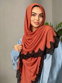 1pc Romantic Lace Trim Chiffon Muslim Hijab Scarf For Abaya - Multicolor - View 3