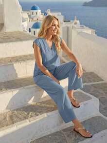 Mono de unicolor con botones versátil y de moda para vacaciones para mujer - Azul - Ver 6