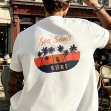 Men's T-Shirt Sea Sand Palm Sunset Surf Comfortable And Versatile Outdoor Casual Short Sleeve - White - View 3