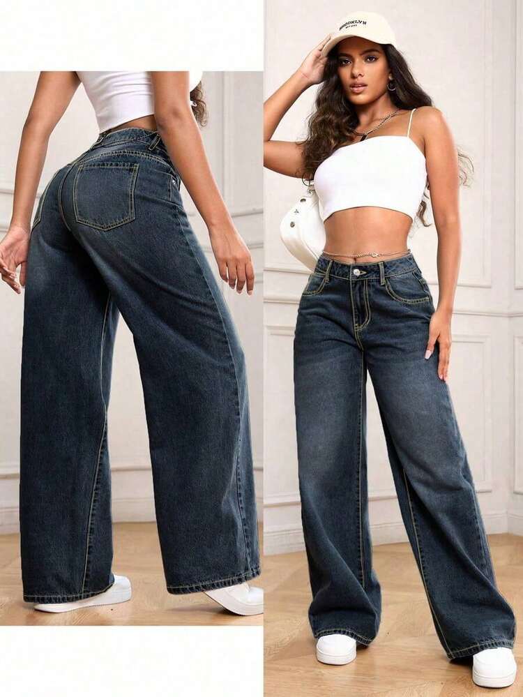 PETITE Jeans de mezclilla holgados de pierna ancha y bolsillos versátiles para mujer - Azul lavado oscuro - Añade 5