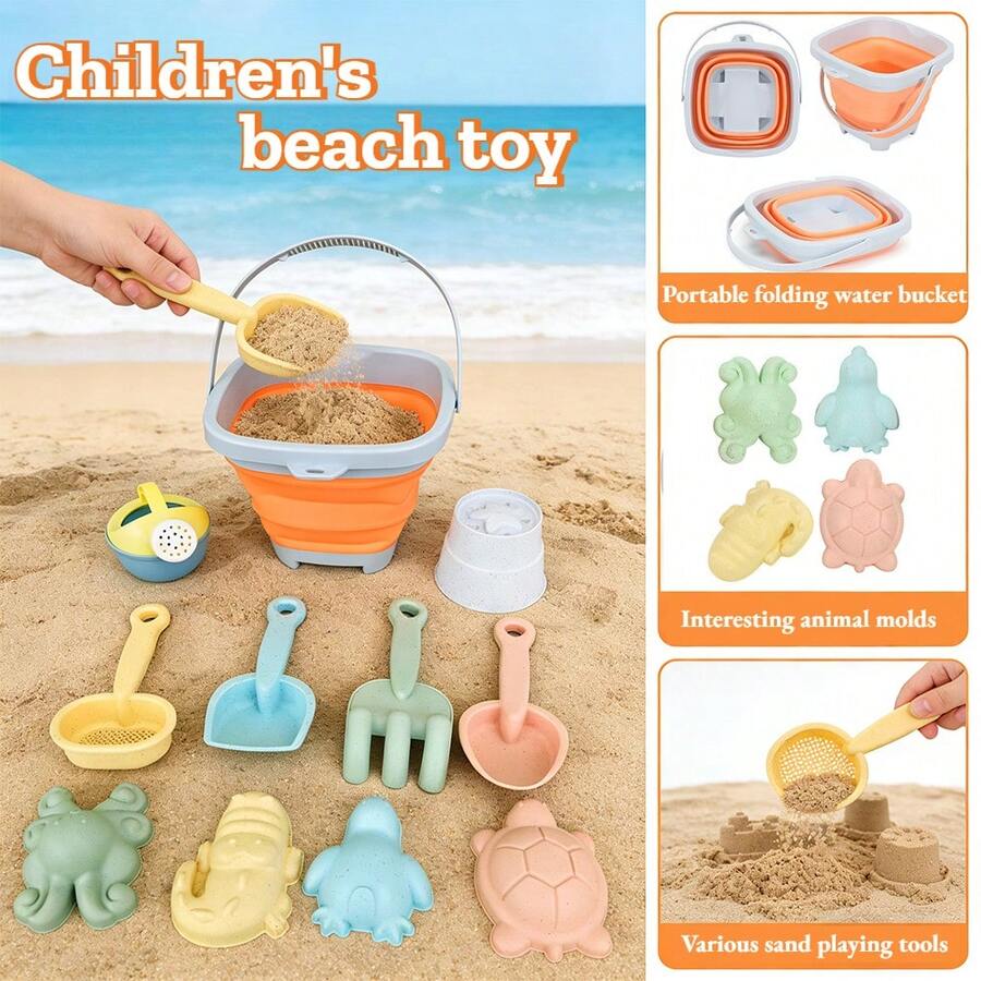 11 pezzi Set divertente per bambini di secchio e setaccio pieghevoli, secchio portatile e pieghevole per spiaggia, sabbia, giochi d'acqua - Multicolore - Visualizzare 1