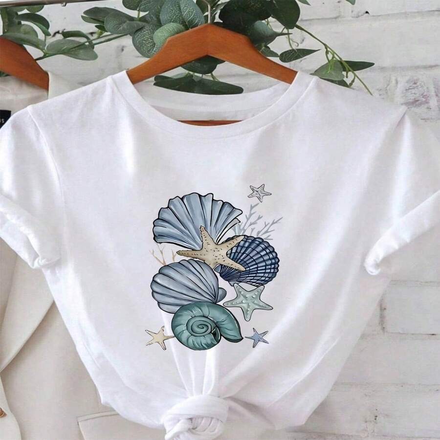 Talla Plus - Estampado de Peces del Mar Fresco Beach S Camiseta de Corte Corto de Manga Corta de Cuello Redondo para Primavera Verano - Blanco - Ver 1