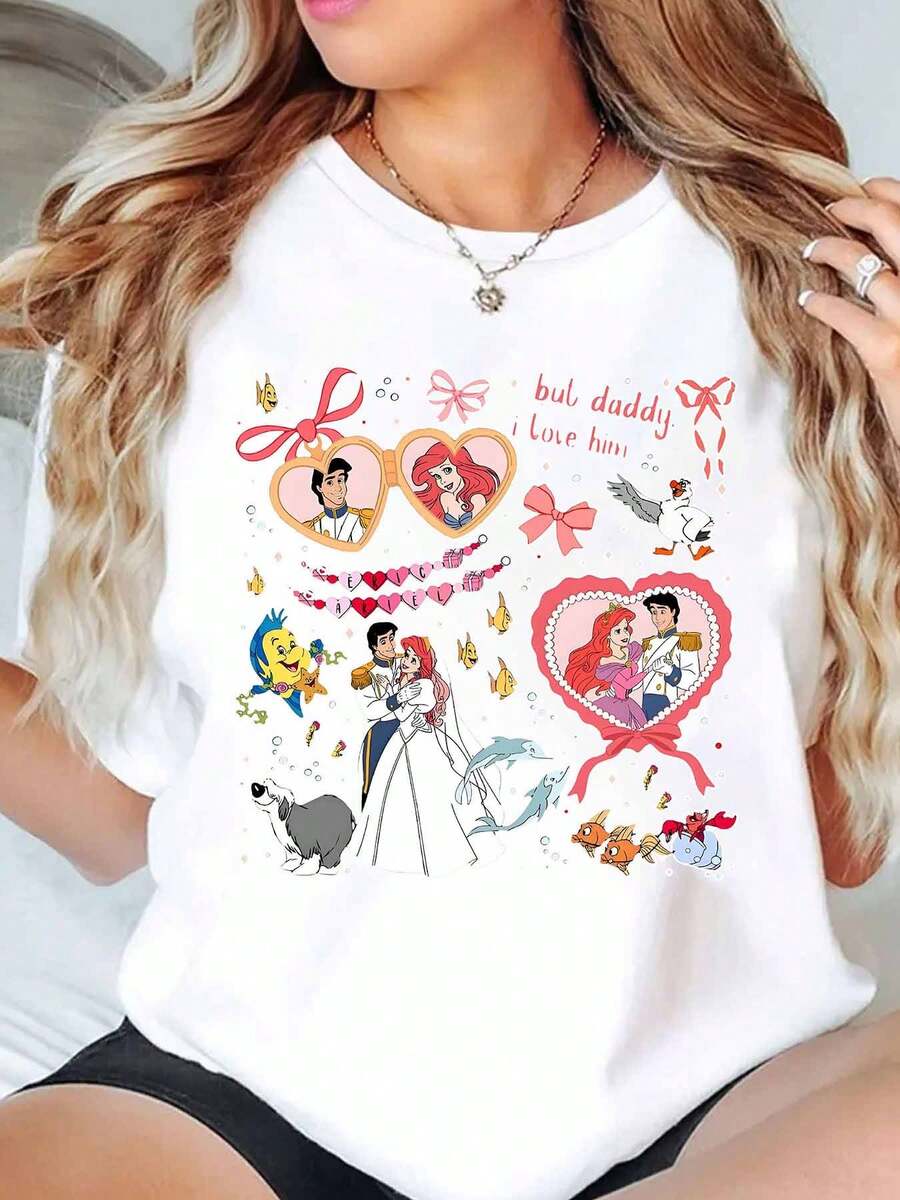 Ariel And Prince Eric Heart Design With Characters And Text But Daddy I Love Him Disney Women T Shirt Round Neck Short Sleeve Casual Wear Valentine's Day Soft Comfortable 220g - trắng - Xem 1