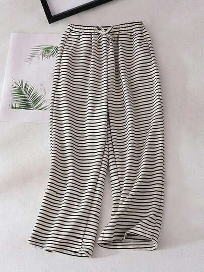 Girls' Striped Wide Leg Pants, 8-12Y, Casual Style, Elastic Waist + Bow Design, Girls Pants, Girls Clothing, Black Pants For Girls, Green Pants For Girls, Girls Sportswear, Girls Trousers