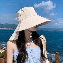 女款戶外休閒寬簷遮陽帽，夏季防曬帽。採用透氣面料製成，舒適耐穿不悶熱，可折疊便攜，有效保護臉部免受日曬，附防風繩，適合海灘度假與戶外旅行 - 寬簷遮陽帽 - 查看 9
