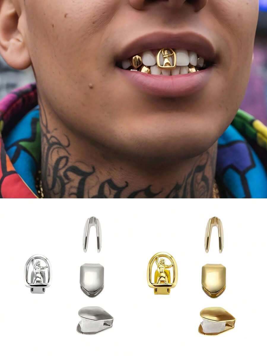 4pcs Diamond/Colored Gemstone Inlaid Teeth Decoration Silver 14K Gold Plated Iced Out Grillz Hip Hop Style Unisex Decorative Jewelry - Multicolor - View 1