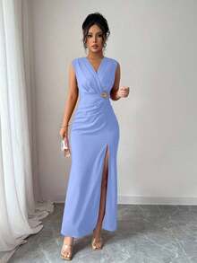 dfgRafferiza Vestido formal de mujer, vestido plisado con abertura estilizadorafd LNBV - Celeste - Ver 6