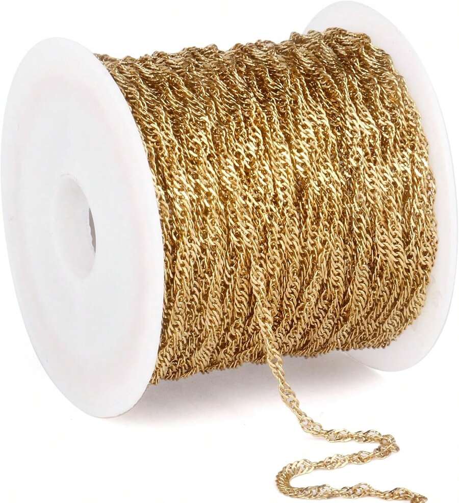 33 Feet 18K Gold PVD Plated Singapore Chains Roll, 1.7mm Width 304 Stainless Steel Gold Twisted Link Chain Bulk Spool Jewelry Making - 1.7MM Stainless Steel - View 1