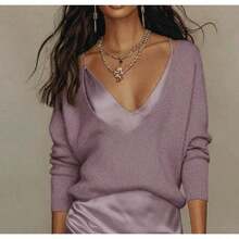 Women'S Knit Sweater And Satin Slip Dress Two-Piece Set With - 紫色套裝 - 查看 3