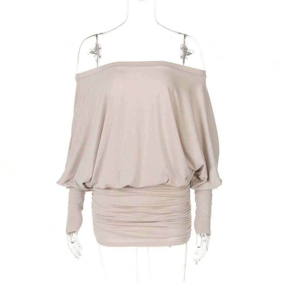 Bodycon Dress With Off-Shoulder Ruching Design, Sexy And Attractive Style, New Spring Collection For Women - Apricot - View 1