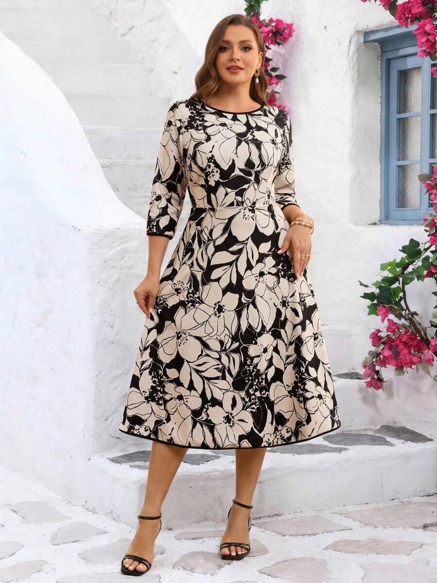 Vestido midi de vacaciones con cintura ceñida, manga 3/4 y estampado floral elegante para mujer de talla, sin cinturón incluido - Multicolor - Ver 1