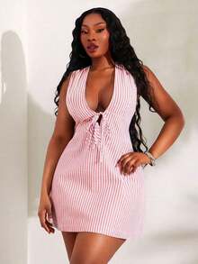Vestido casual de con cintura anudada y lunares para mujer talla - Rosa - Ver 3
