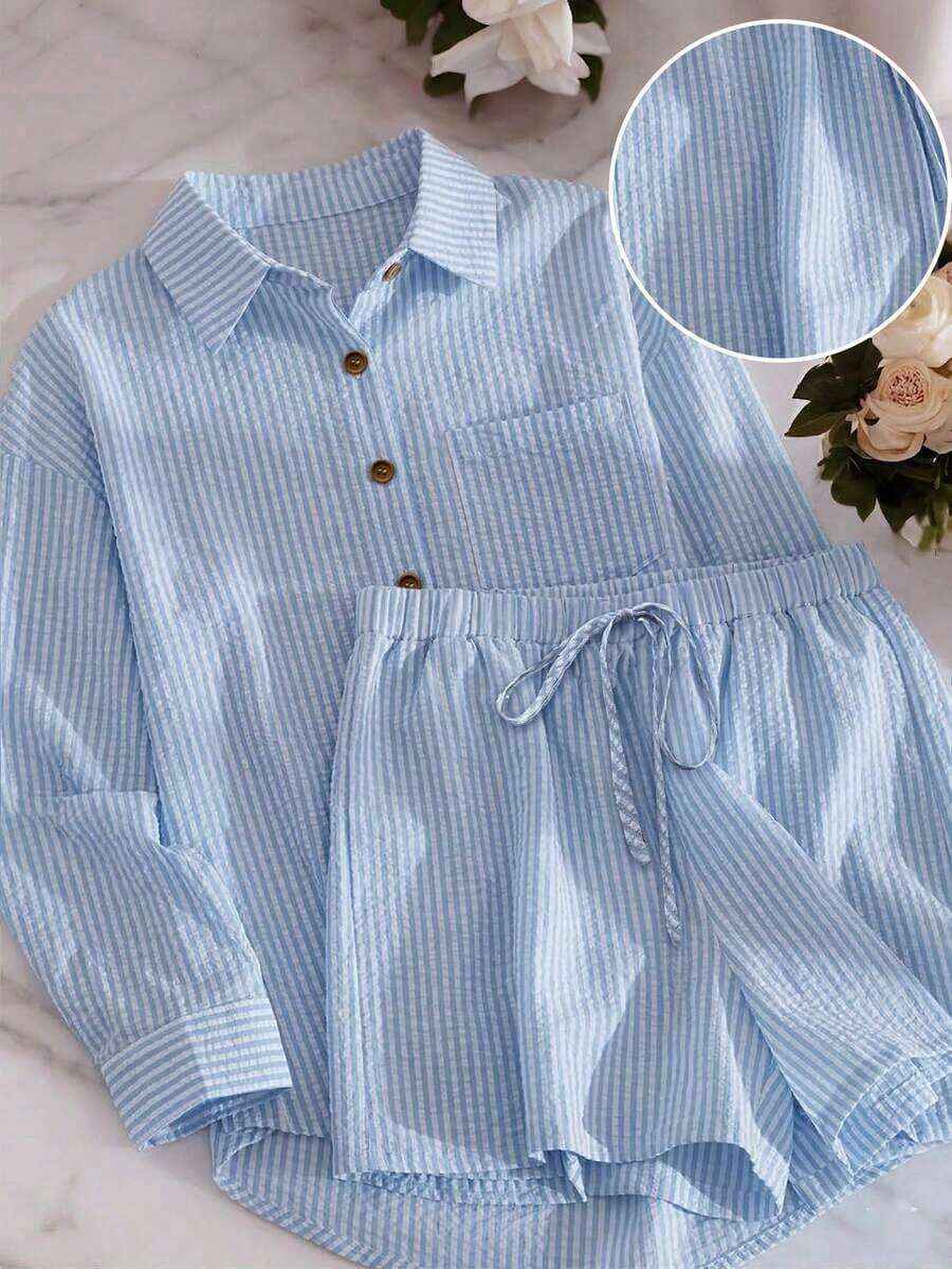 Conjunto de camisa y pantalones cortos a rayas azules y blancas para mujer, conjunto informal y holgado para vacaciones de verano - Azul y blanco - Ver 1