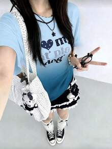 [ Gradient Two Color Short Sleeve T-Shirt ] Recommended New Casual And Versatile 100% Cotton T-Shirt For Summer 2026 Women's Fashion T-Shirt Short Sleeve Office Casual 250g Cotton Printed Loose White Top Y2k Women's Top Summer Top - Gradient Blue - View 6