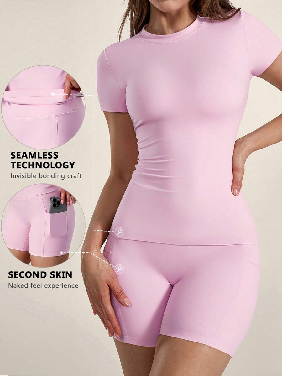 TimeOff 1 Set Pakaian Olahraga Wanita Polos Lengan Pendek Pas Badan dan Celana Pendek - Berwarna merah muda - View 1