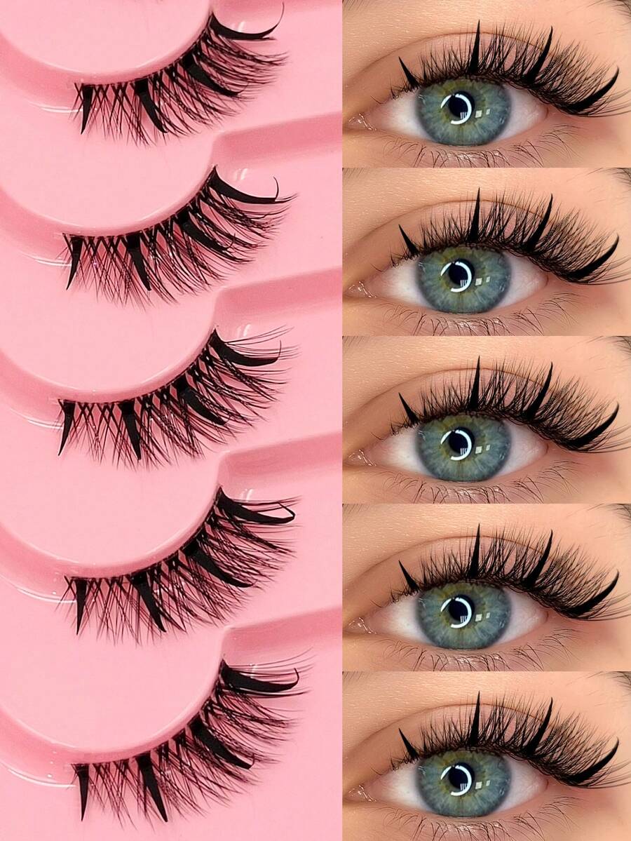 Asiteo 7 Pairs Cartoon Half-Eye False Eyelashes, Extended Tail False Eyelashes, Cat Eye Anime Pointed False Eyelashes, Natural Thin Faux Mink False Eyelashes, Transparent Band False Eyelashes - 半眼睫毛 - 查看 1