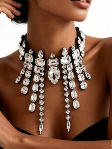 1pc Women's Geometric Crystal Choker Necklace, Suitable For Daily Wear Or Party Gift - Silver - View 2