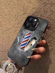 Estilo de barbería + herramientas para el cabello - duraderas|   A prueba de golpes y resistente a caídas|   Panel gris elegante|   Lujo discreto, tecnología IMD.Compatible con iPhone 16/15/14/13/12/11/XS/XR/X/7/8/Plus Carcasa de teléfono con diseño impreso - Negro - Ver 4