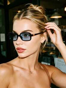 1 Pair Small Rectangular Frame Fashion Glasses, Suitable For Vacation, Travel, Sports, Driving, Festivals, Beach, Music Festivals, Outings, Summer Accessories, Holidays, Family Trips, Elegant Outfits, Street Style Accessories, Sports, Parties, Outdoor Activities, Street Looks, Fishing, Summer Beach Vacations, Outdoor, Travel, Back To School Season Collegiate Style. Rectangular Frame - Black Frame Blue Film - View 3
